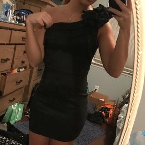 tight fitted, ruffled one shoulder, black dress
